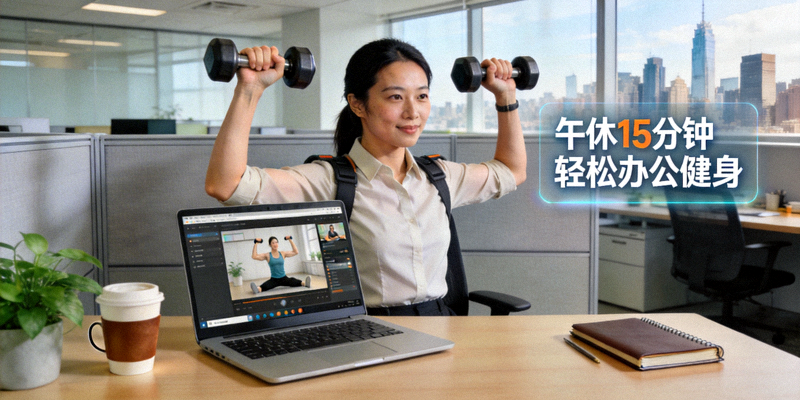 都市白领午休时间进行线上健身课程 - 展示便捷的办公健身解决方案