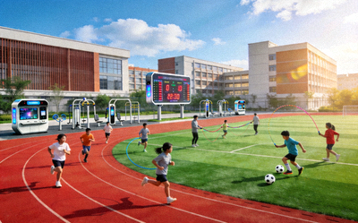 学校体育管理应用场景 - 学生在现代化操场进行体育活动