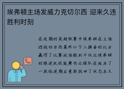 埃弗顿主场发威力克切尔西 迎来久违胜利时刻