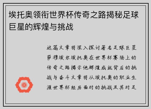 埃托奥领衔世界杯传奇之路揭秘足球巨星的辉煌与挑战