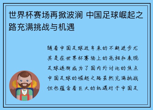 世界杯赛场再掀波澜 中国足球崛起之路充满挑战与机遇